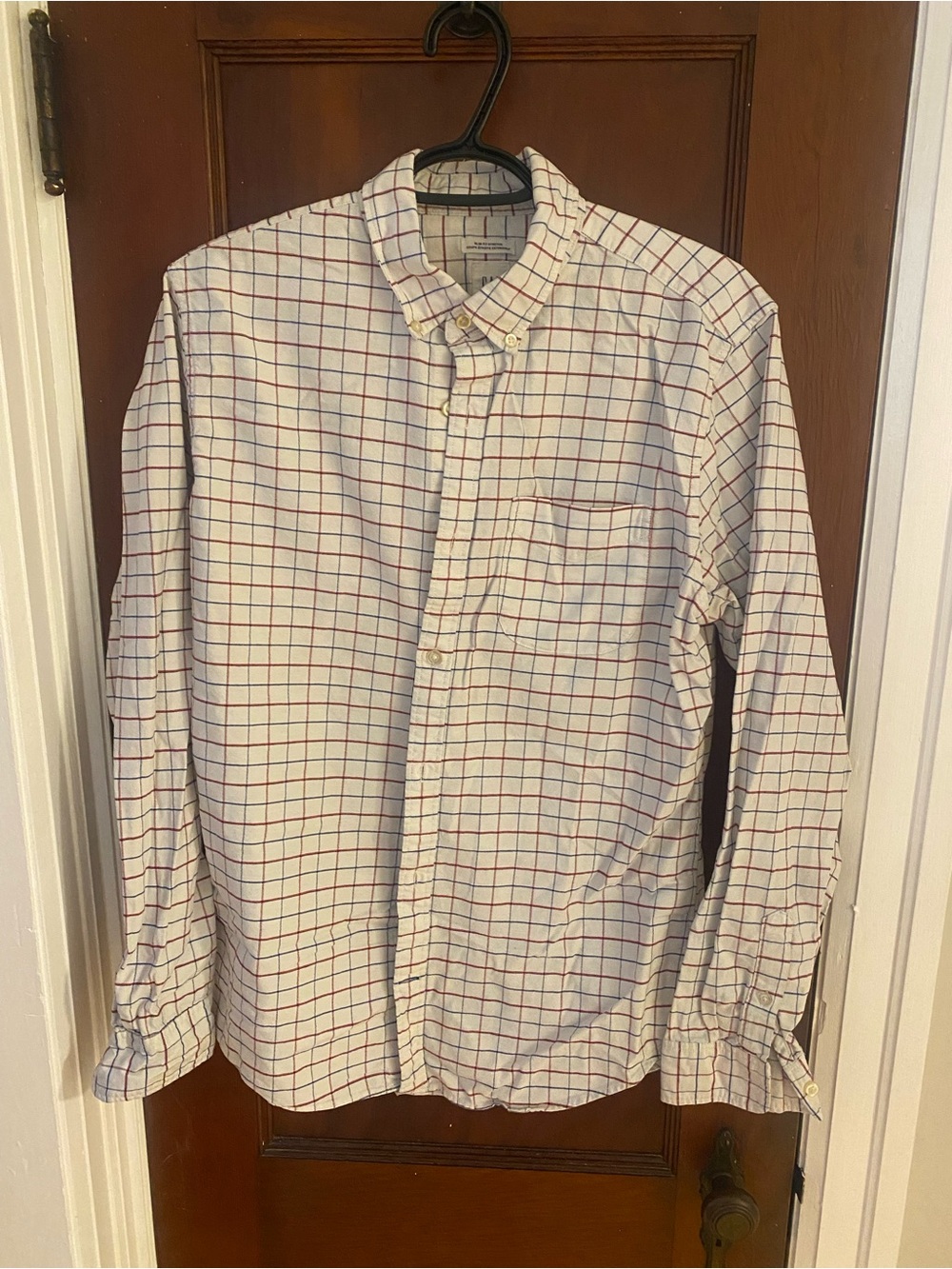 GAP White Button-Down Shirt with Red & Blue Windowpane Grid
